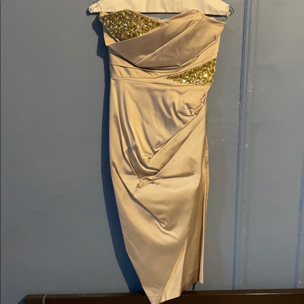 ASOS champagne color wedding guest dress